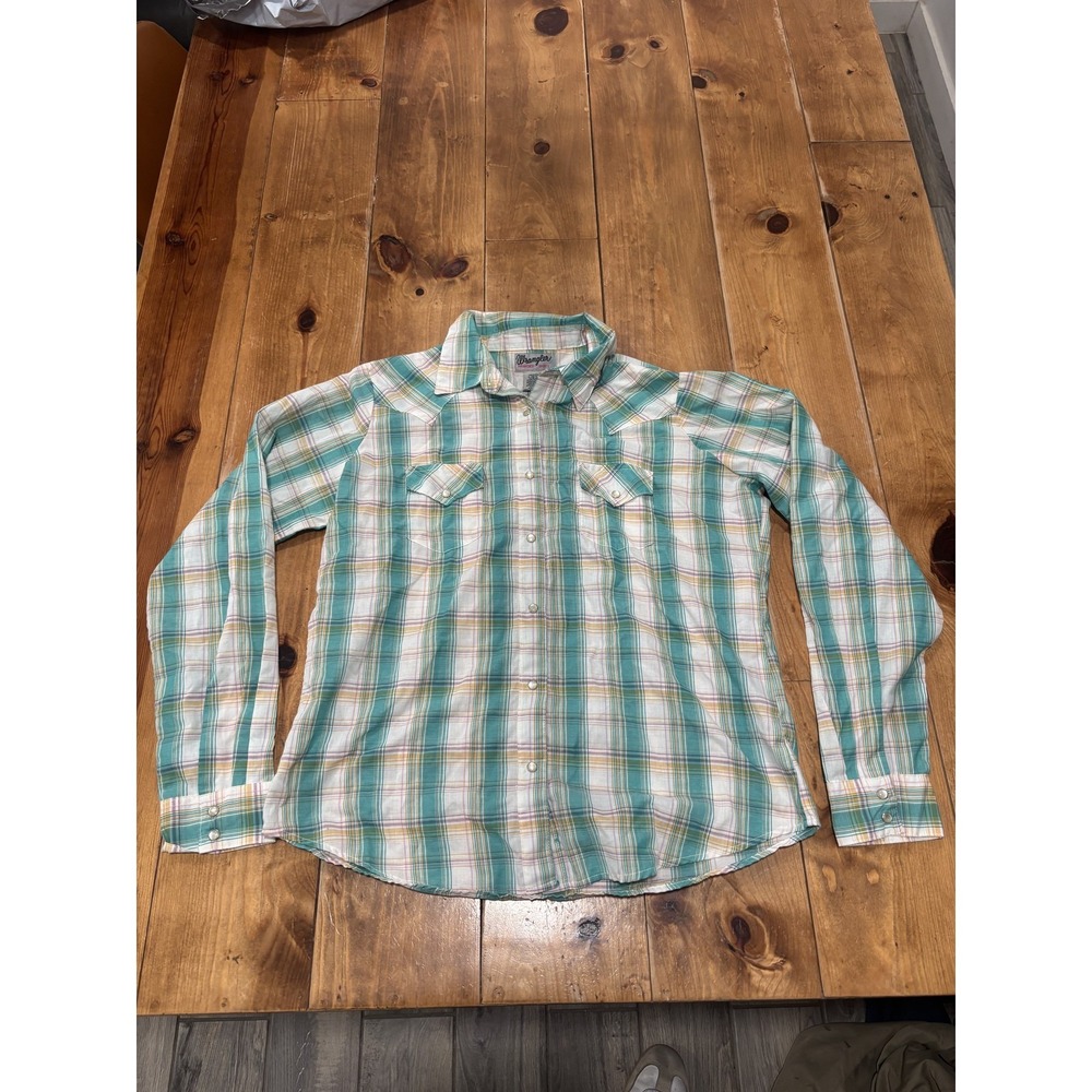 Wrangler Women's Plaid Pearl Snap Western Shirt Green White Cotton Blend Size L